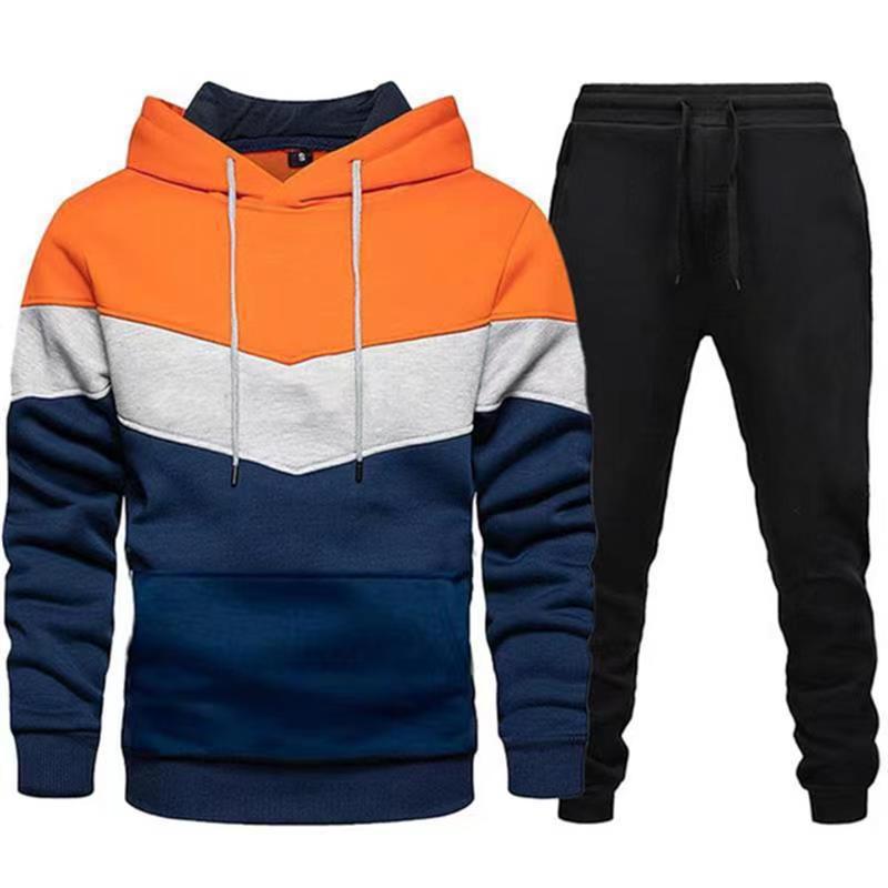 Men two-tone hoodie jogging set with kangaroo pocket, tapered jogging pants and double-layered hood