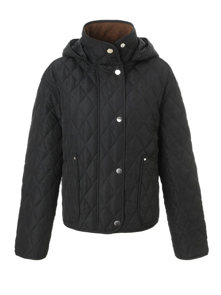 Women’s quilted jacket with hood, quilted diamond structure and flap pockets