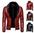 Men's biker leather jacket in vwtage look with quilted shoulder and wide faux fur collar