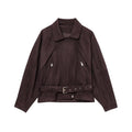Women's cropped jacket made of velvet imitation with a waist belt, boxy cut, and zip zipped pockets