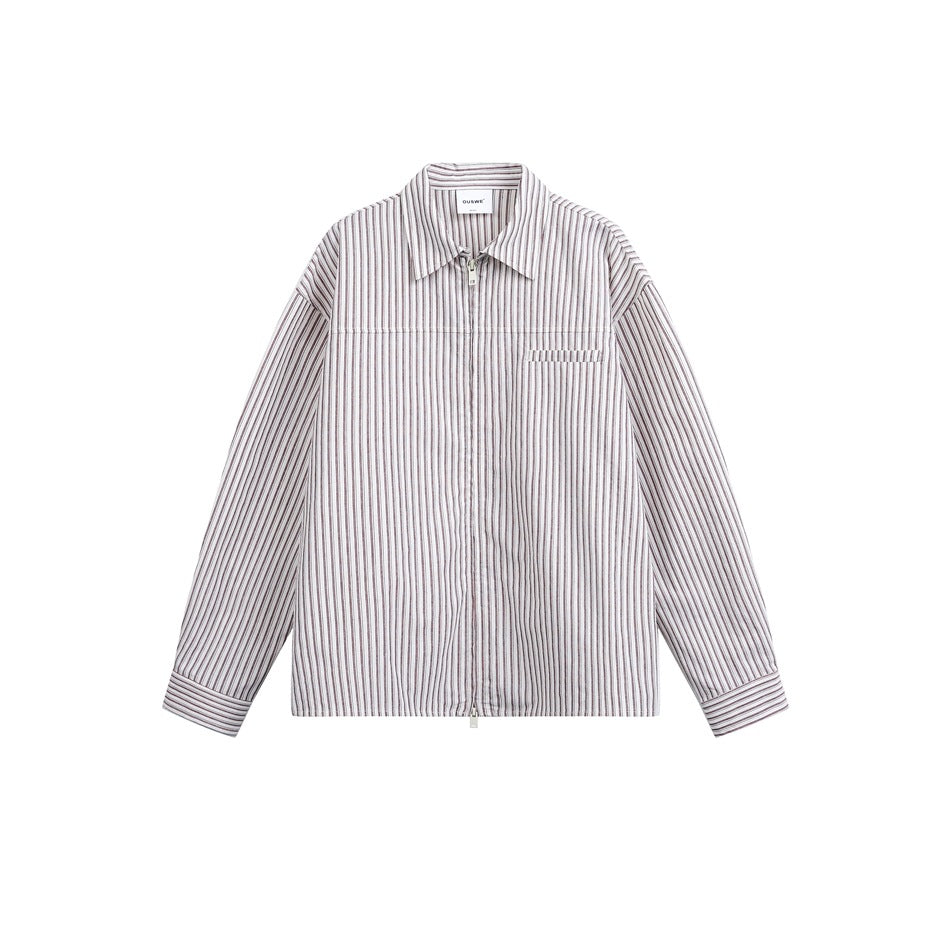 Unisex Lightweight Striped Shirt Jacket with Continuous Zip and Chest Piped Pocket