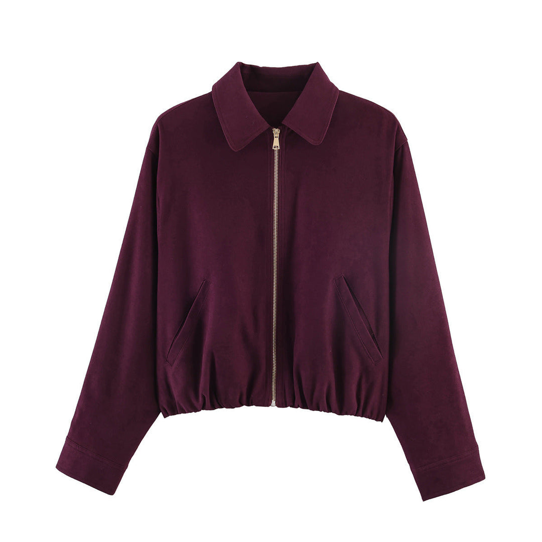 Women’s short-cut suede look bomber jacket with zip, elastic hem and diagonal side pockets
