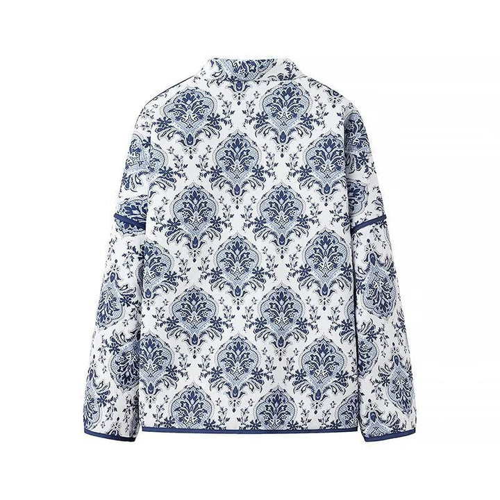 Women Quilted Kimono Jacket with Ornamental Jacquard Look and Contrasting Piping