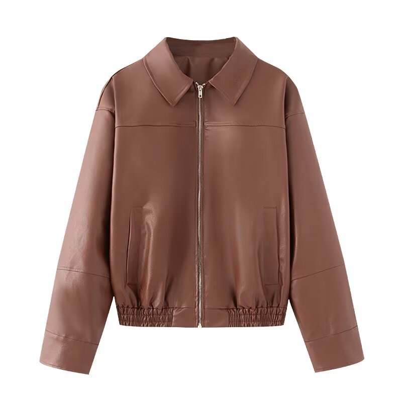 Women Boxy Faux Leather Blouson Jacket with Shirt Collar, Zip and Elastic Hem