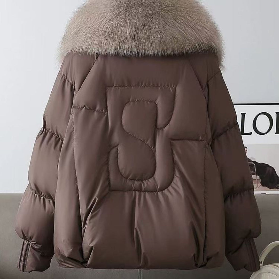 Women nan short padded jacket with voluminous faux fur collar and waist draw