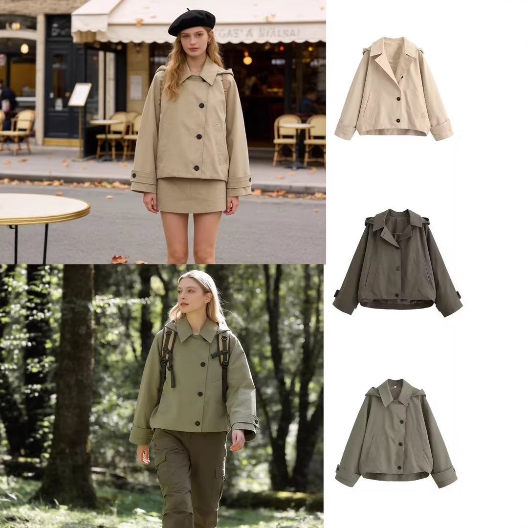 Ladies short trench coat in boxy cut with notch collar and piped patch pockets