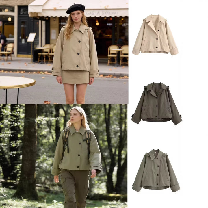 Ladies short trench coat in boxy cut with notch collar and piped patch pockets