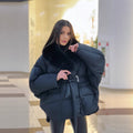 Women's Oversized Puffer Jacket with Waist Belt and Faux Fur Collar