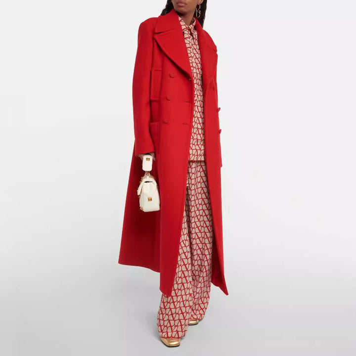 Women floor-length double-breasted wool-cashmere coat with wide lapels