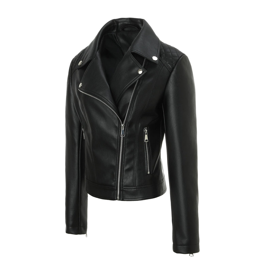 Women Tailored Biker Leather Jacket with Quilted Shoulders