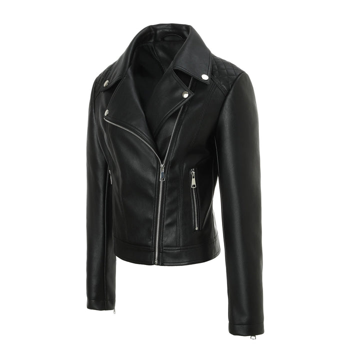 Women Tailored Biker Leather Jacket with Quilted Shoulders