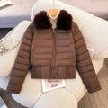 Women's short quilted bomber jacket with removable fur collar and fitted ribbed waistband