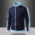 Men's retro track jacket with stand-up collar, contrast stripes, and visible zip