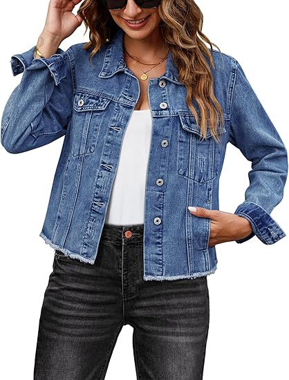 Women Short Cut Denim Jacket with Frayed Hem and Chest Pockets