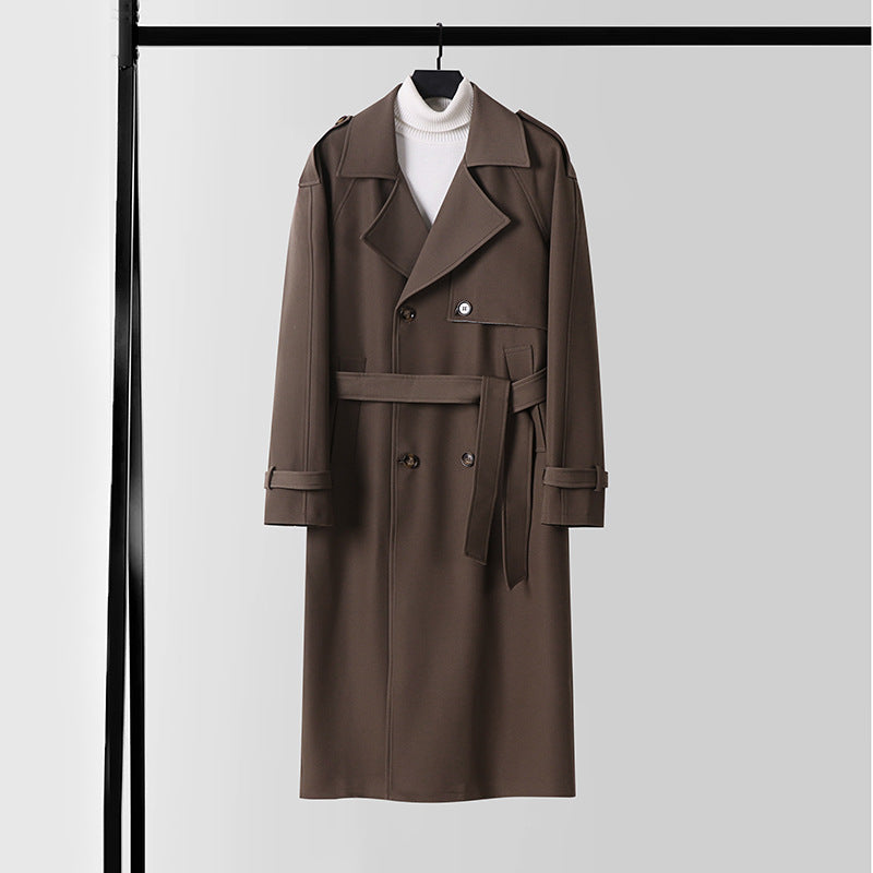 Ladies Elegant Maxi Trench Coat made of wool blend with wide shawl collar and tie belt