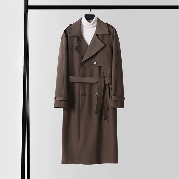 Ladies Elegant Maxi Trench Coat made of wool blend with wide shawl collar and tie belt