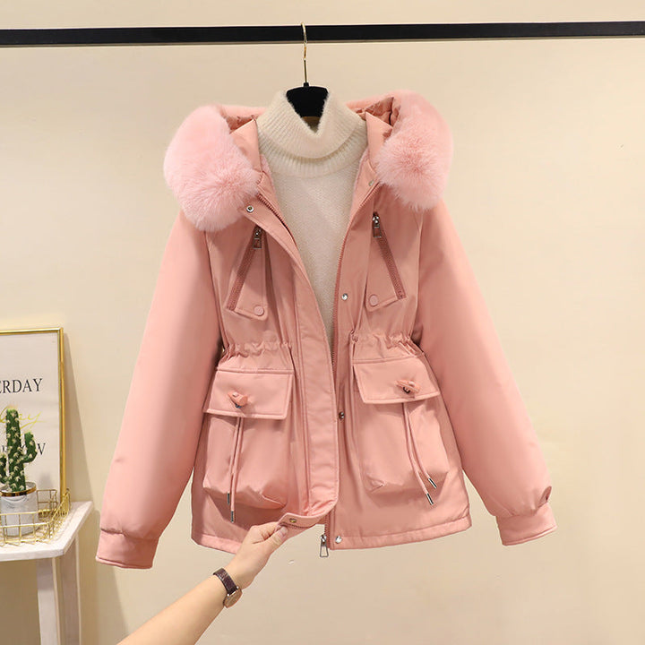 Ladies nano thermo parka with hood, voluminous faux fur collar, drawstring waist and multifunctional pockets