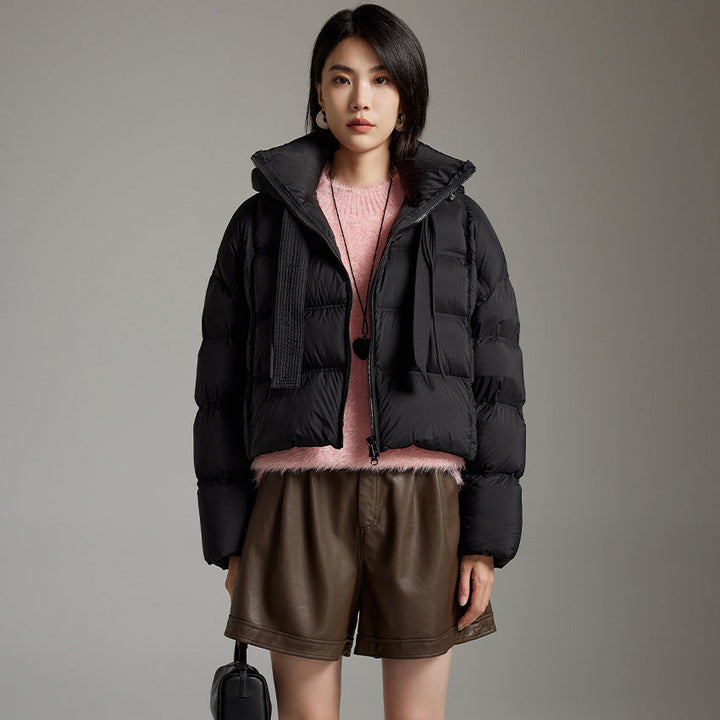 Women Short Cut Boxy Quilted Jacket with Voluminous Hood and Drawstring