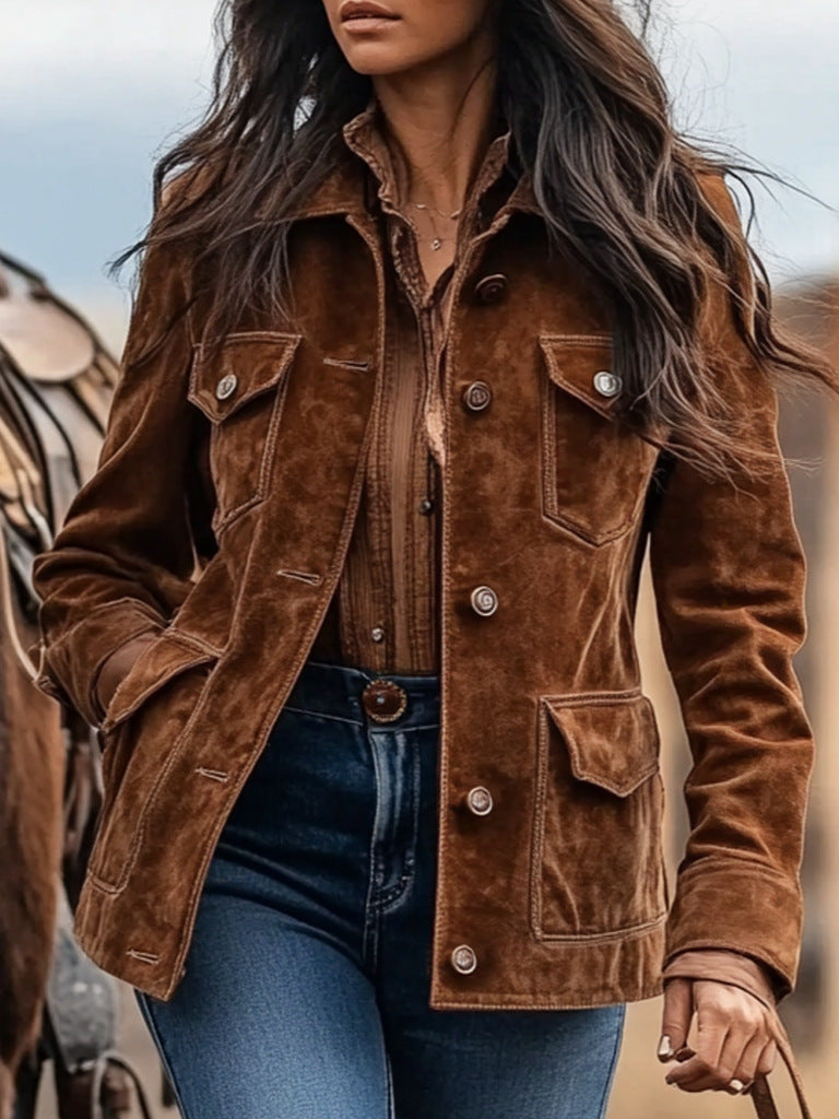 Women’s suede jacket in Western style with button placket and flap pockets