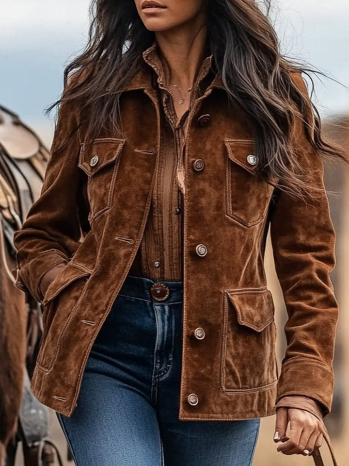 Women’s suede jacket in Western style with button placket and flap pockets