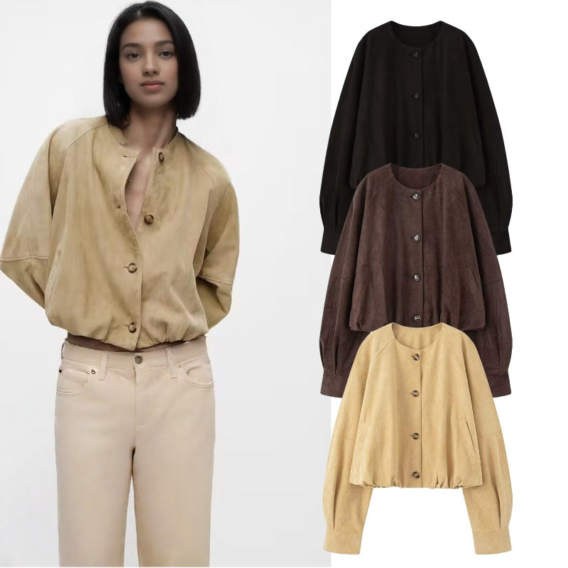 Women Short Blouson Jacket in Cropped Look with Round Neckline and Balloon Sleeves