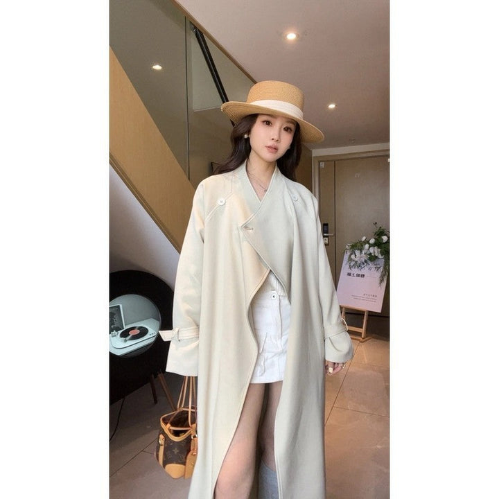 Women’s Maxi Trench Coat with Waterfall Collar and Gathered Sleeves