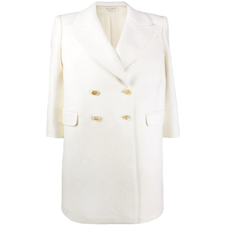 Women Slim Double-Breasted Wool Blend Long Coat with Shawl Collar, Gold Button Detail and Flap Pockets