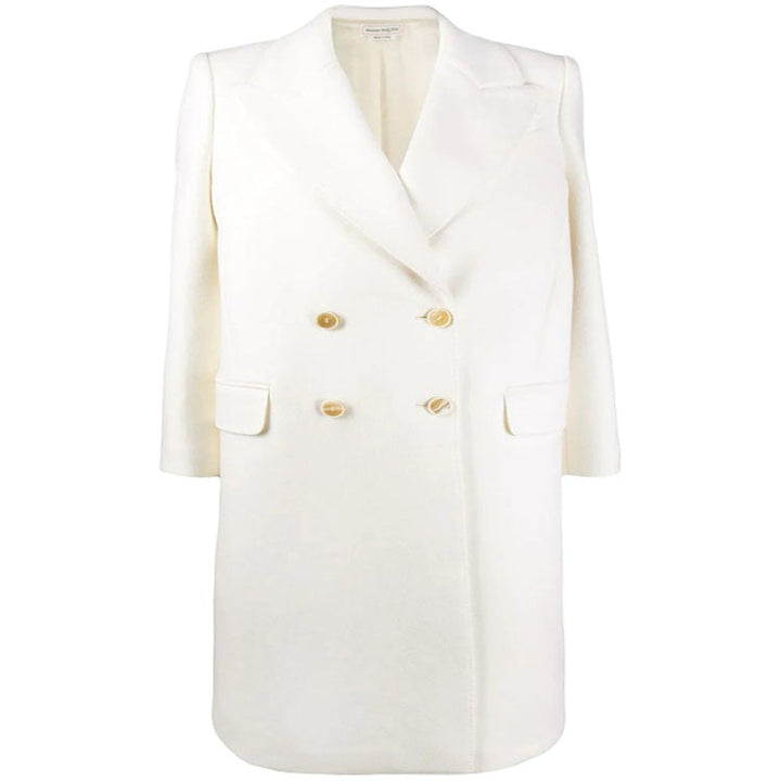 Women Slim Double-Breasted Wool Blend Long Coat with Shawl Collar, Gold Button Detail and Flap Pockets