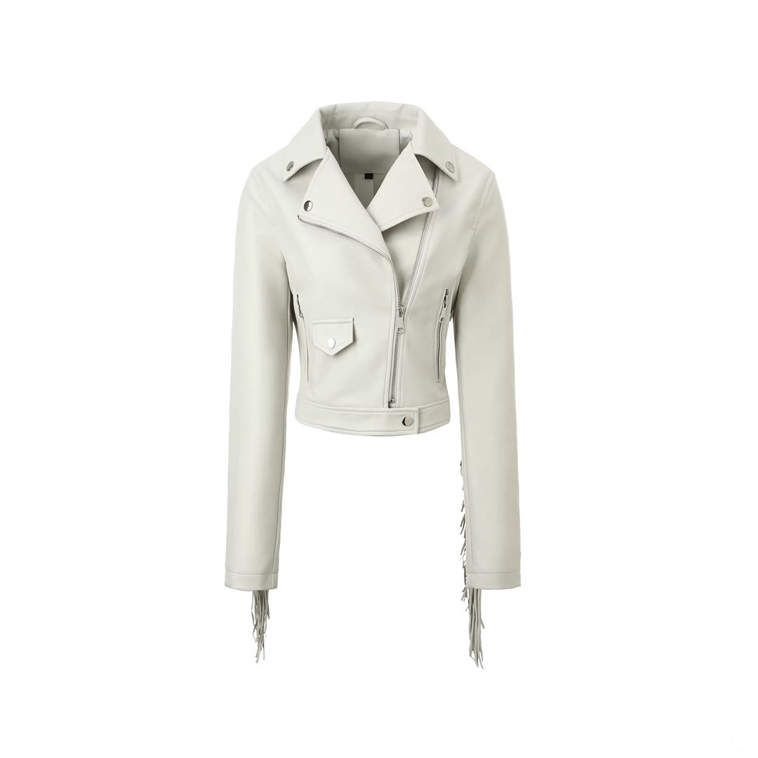 Women short cut fitted biker jacket made of artificial leather with fringes on the sleeves and asymmetric zip