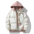Women's short quilted jacket with contrasting fleece hood and drawstring