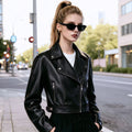 Women short fitted biker jacket made of Nappa leather with asymmetrical zip