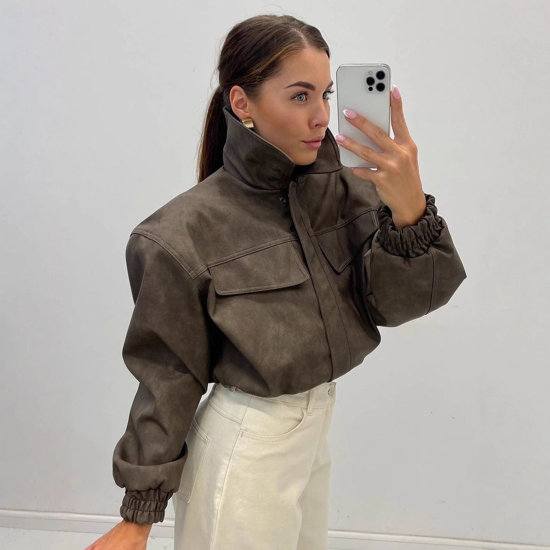 Women short cut faux leather jacket with patch chest pockets