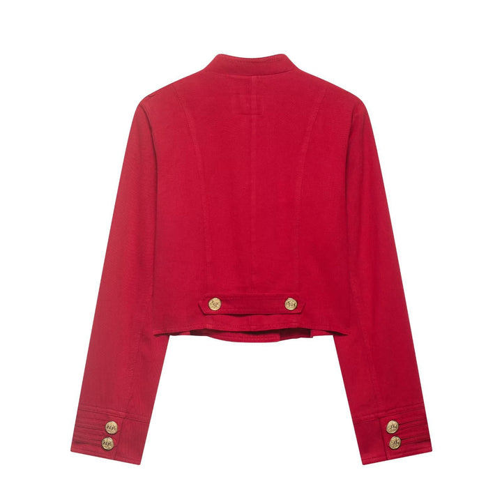 Women Cropped Military Jacket in Sailor Style with Golden Decorative Straps and Stand-Up Collar