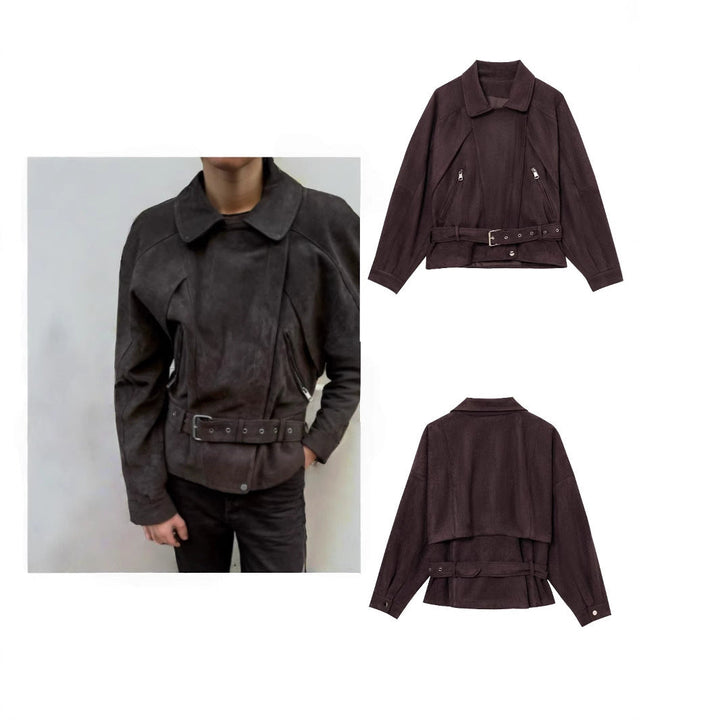 Women Short Suede Look Trench Coat with Waist Belt and Zip Details