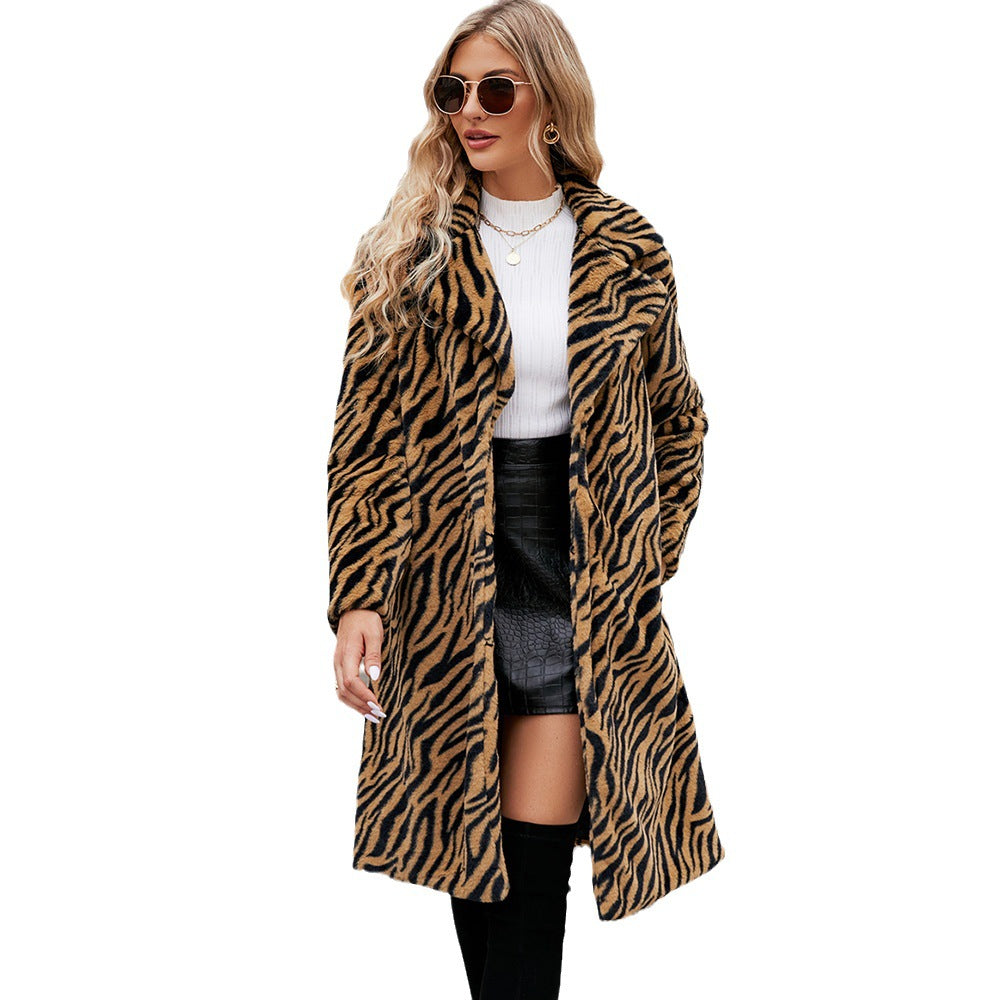 Women Elegant Faux Fur Coat In Zebra Design