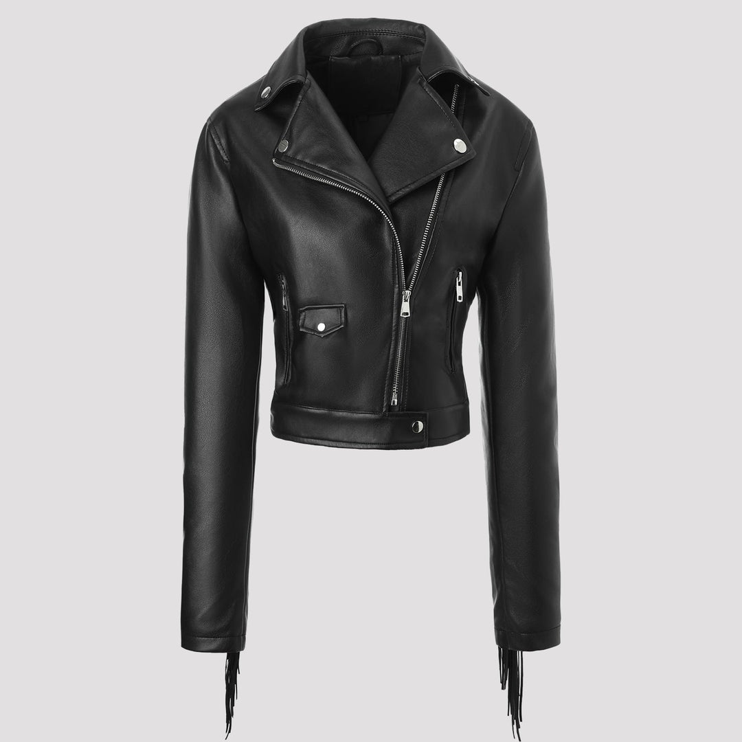 Women short cut fitted biker jacket made of artificial leather with fringes on the sleeves and asymmetric zip