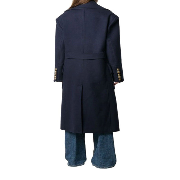 Women’s navy-inspired double-breasted long coat made of wool blend with oversized lapels