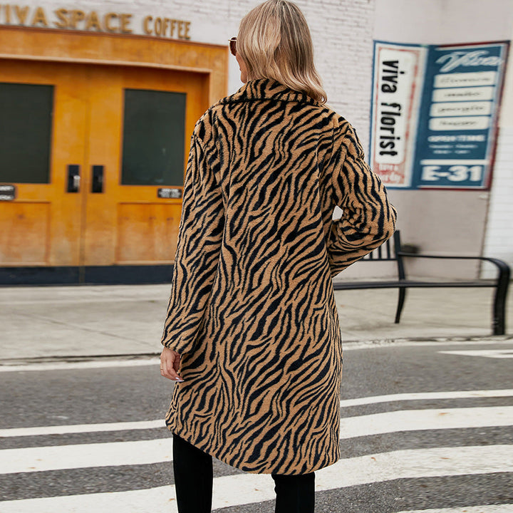 Women Elegant Faux Fur Coat In Zebra Design