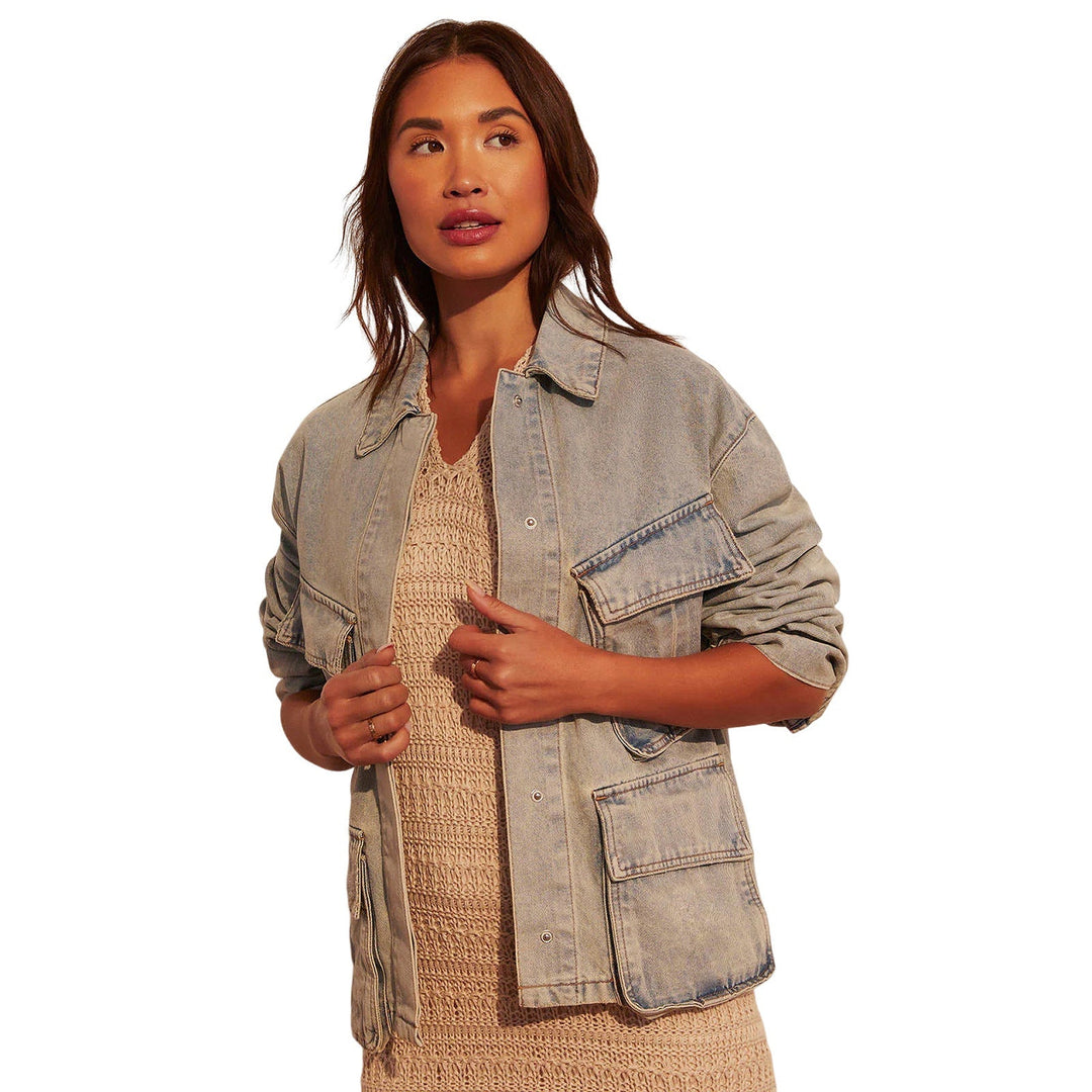 Women Oversize Utility Denim Jacket with Large Flap Pockets and Button-Down Front