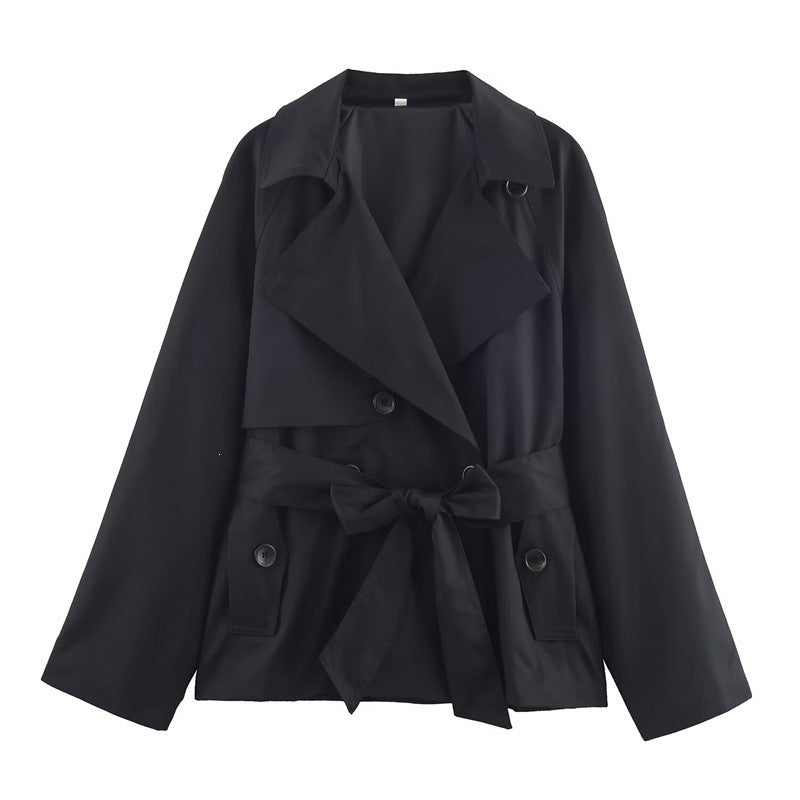 Ladies Cropped Trench Coat with Shawl Collar, Tie Belt and Flap Pockets