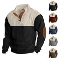 Men's ribbed Henley knit pullover with stand collar contrast yoke and elbow patches