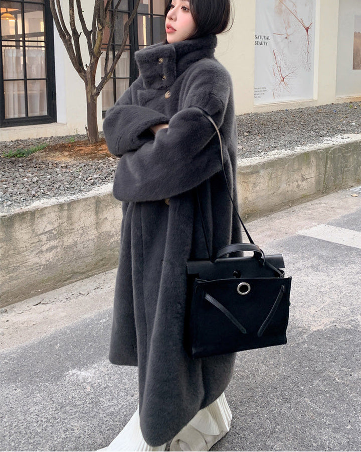 Collar Double Breasted faux mink Fur long coat