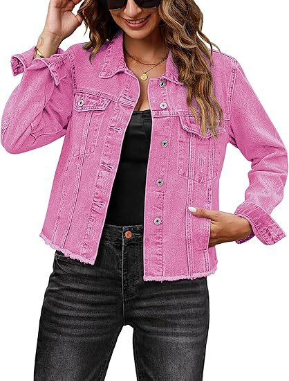 Women Short Cut Denim Jacket with Frayed Hem and Chest Pockets
