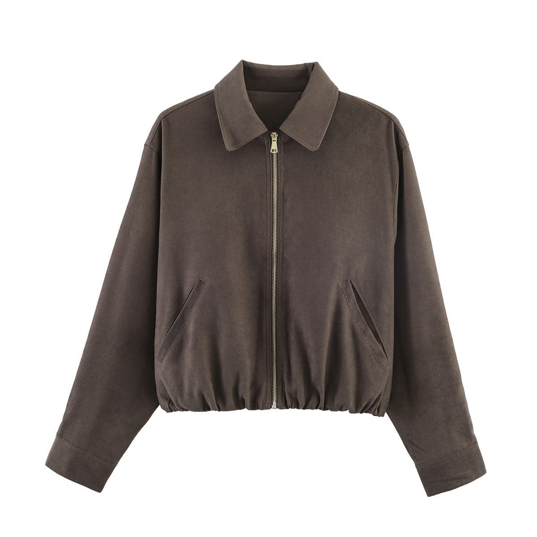 Women’s short-cut suede look bomber jacket with zip, elastic hem and diagonal side pockets