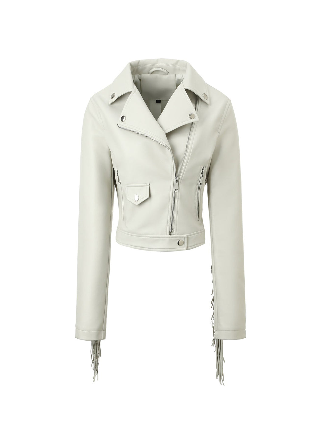 Women short cut fitted biker jacket made of artificial leather with fringes on the sleeves and asymmetric zip