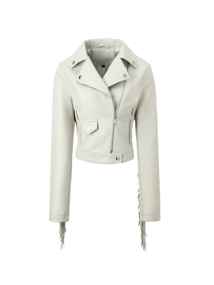 Women short cut fitted biker jacket made of artificial leather with fringes on the sleeves and asymmetric zip