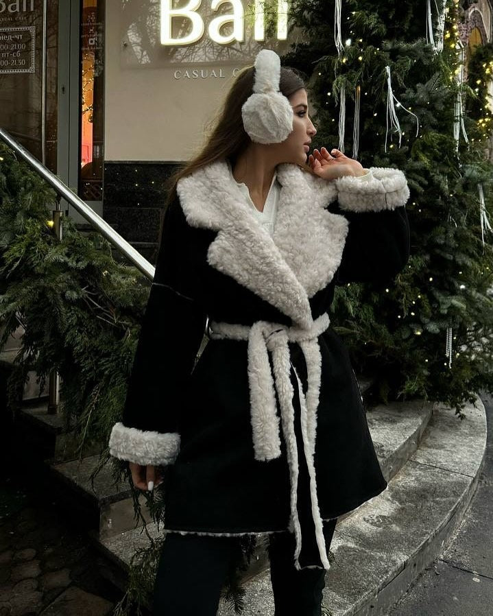 Women Short Oversized Winter Coat with Teddy Lining and Waist Belt