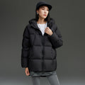 Women short cut boxy quilted jacket with detachable hood and thermo insulation