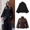 Women's short jacket in double-breasted with stand-up collar, tailored silhouette and bell sleeves