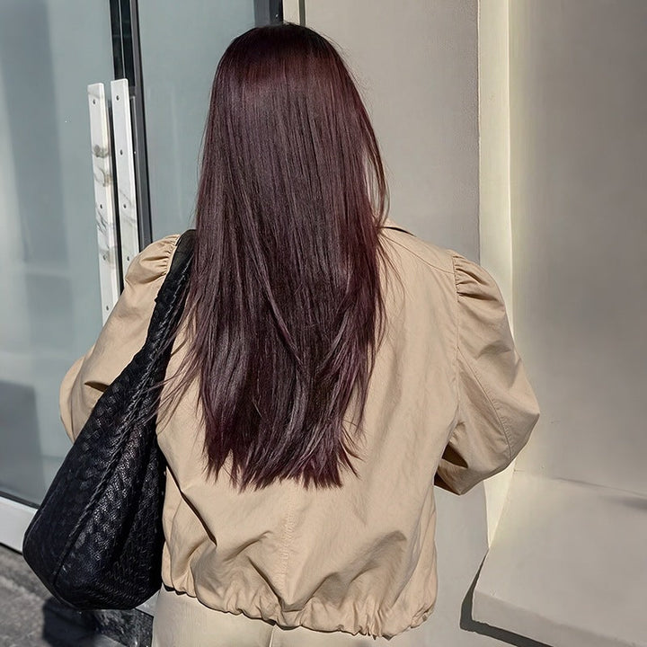 Women Light Short Jacket with Balloon Sleeves, Puff Shoulders &amp; Elastic Hem